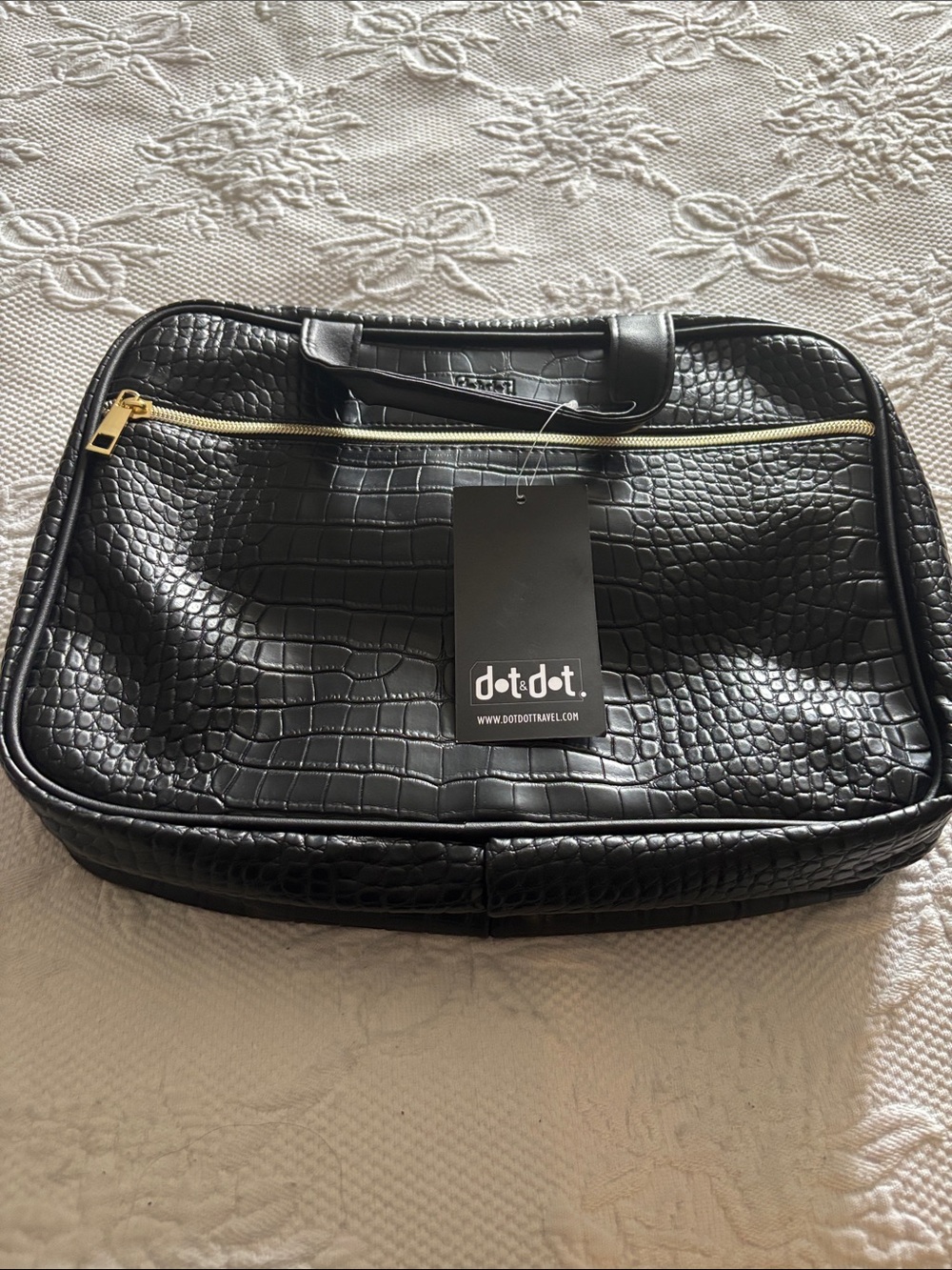 Black Croc-Embossed Laptop Bag with Gold Zipper